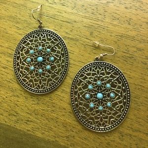 Large, dangly, silver and turquoise earrings